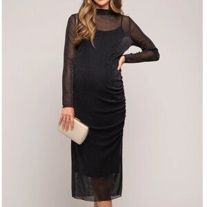 Black Shimmer Mesh Long Sleeve Ruched Maternity Midi Dress size M